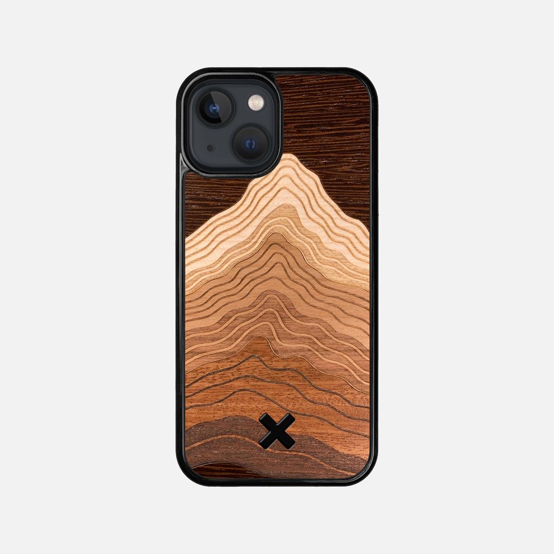 Summit Case for the Apple iPhone 13 Mini featuring a mountain of Wenge, Maple, Cherry, and Sapele Wood backer with the Keyway X Mark#Phone Model_iPhone 13 Mini