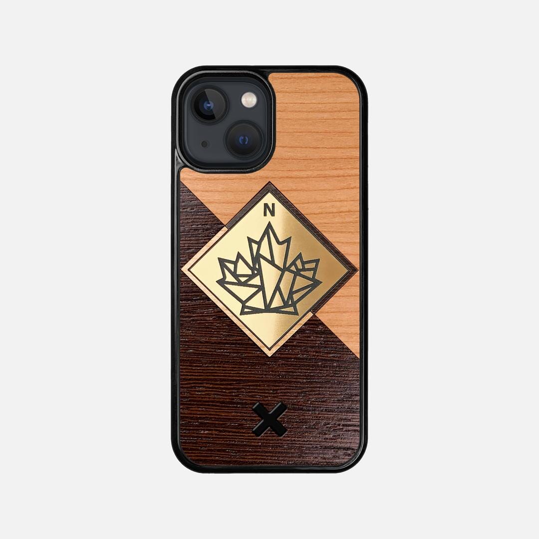 True North Case for the Apple iPhone 13 Mini featuring an Engraved Gold, Cherry, and Wenge Wood backer with the Keyway X Mark#Phone Model_iPhone 13 Mini