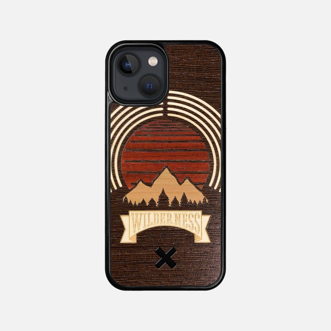 Wilderness Case for the Apple iPhone 13 Mini featuring a Maple, Padauk, and Cherry Sunset inlay on a Wenge Wood backer with the Keyway X Mark#Phone Model_iPhone 13 Mini