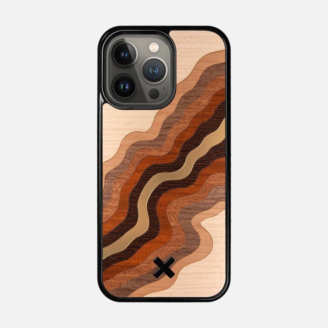 Canyon Case for the Apple iPhone 13 Pro featuring a flowing Gold, Maple, Cherry, Walnut, Sapele, Padauk, and Wenge Wood backer with the Keyway X Mark#Phone Model_iPhone 13 Pro