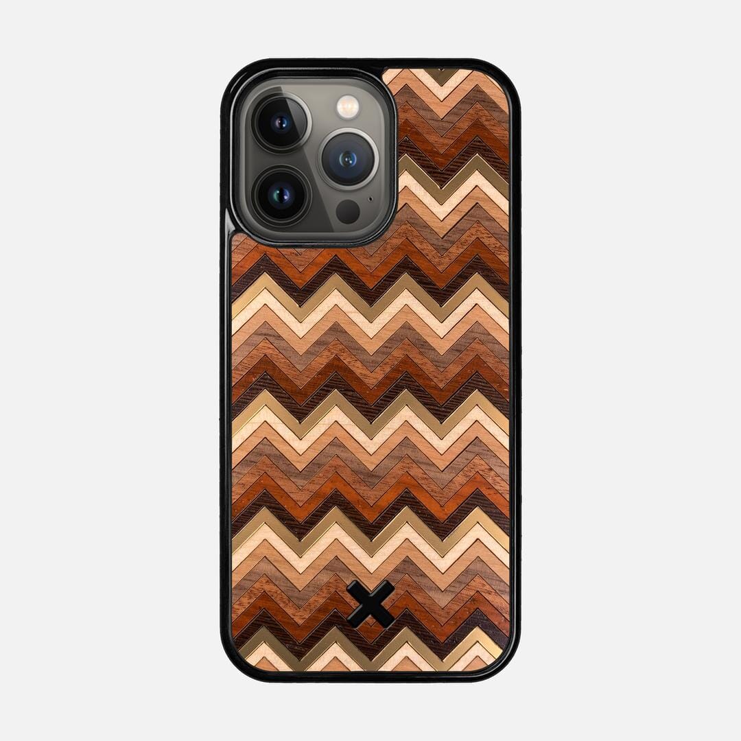 Echo Case for the Apple iPhone 13 Pro featuring a zigzag Gold, Maple, Cherry, Walnut, Sapele, Padauk, and Wenge Wood backer with the Keyway X Mark#Phone Model_iPhone 13 Pro