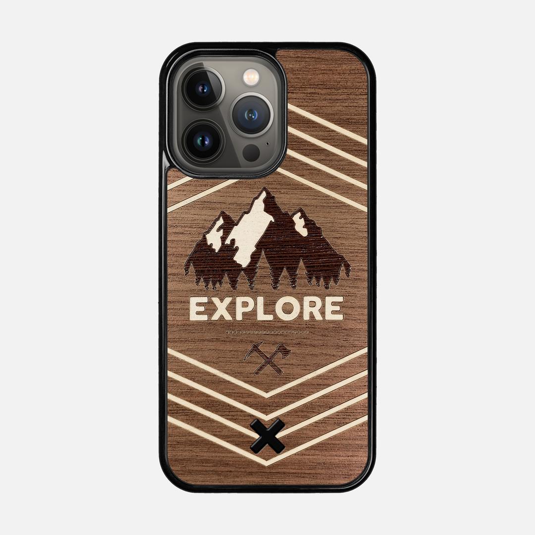 Explore Case for the Apple iPhone 13 Pro featuring a Wenge and Maple Mountain Range inlay on a Walnut Wood backer with the Keyway X Mark#Phone Model_iPhone 13 Pro