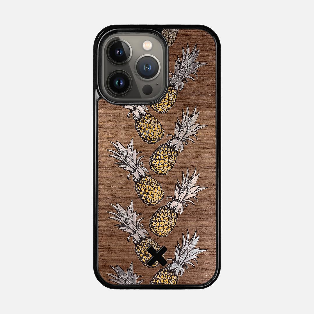 Pineapple Case for the Apple iPhone 13 Pro featuring a repeating gold and silver Pineapple inlay on a Walnut Wood backer with the Keyway X Mark#Phone Model_iPhone 13 Pro