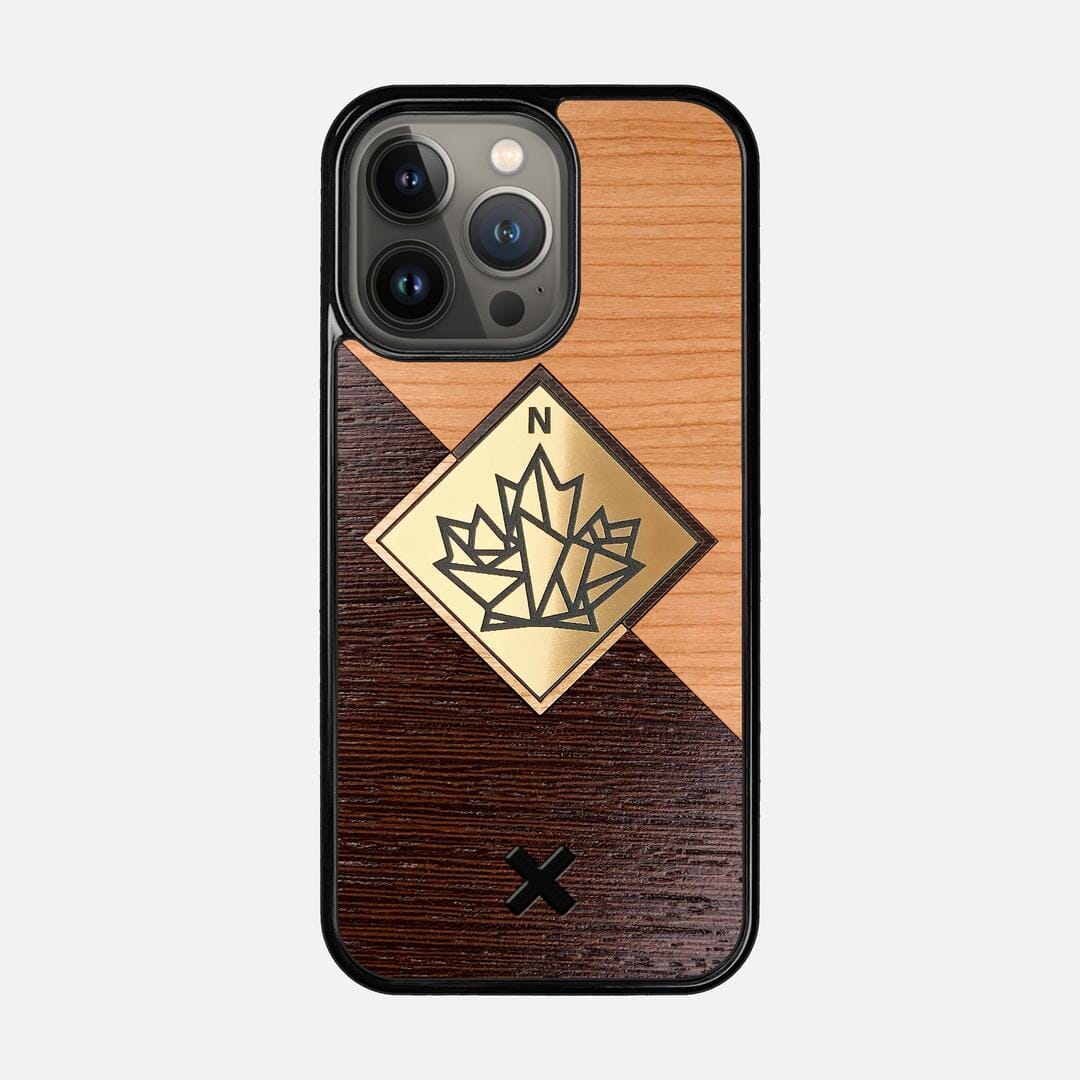 True North Case for the Apple iPhone 13 Pro featuring an Engraved Gold, Cherry, and Wenge Wood backer with the Keyway X Mark#Phone Model_iPhone 13 Pro