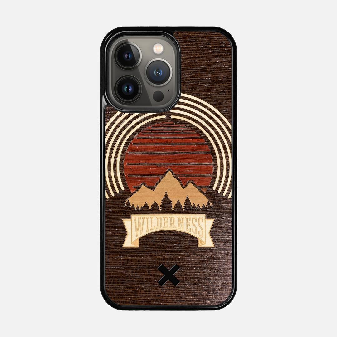 Wilderness Case for the Apple iPhone 13 Pro featuring a Maple, Padauk, and Cherry Sunset inlay on a Wenge Wood backer with the Keyway X Mark#Phone Model_iPhone 13 Pro