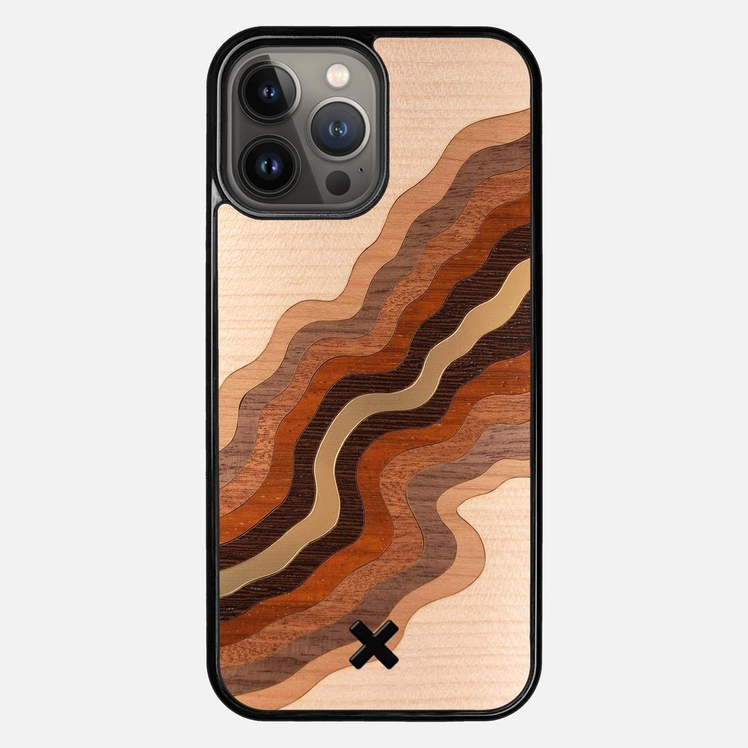 Canyon Case for the Apple iPhone 13 Pro Max featuring a flowing Gold, Maple, Cherry, Walnut, Sapele, Padauk, and Wenge Wood backer with the Keyway X Mark#Phone Model_iPhone 13 Pro Max