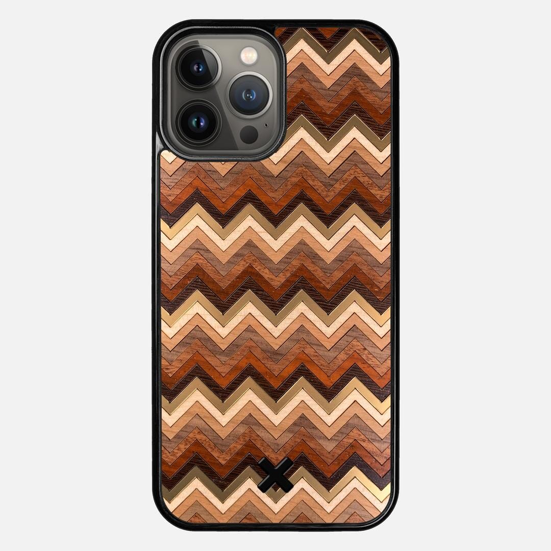 Echo Case for the Apple iPhone 13 Pro Max featuring a zigzag Gold, Maple, Cherry, Walnut, Sapele, Padauk, and Wenge Wood backer with the Keyway X Mark#Phone Model_iPhone 13 Pro Max