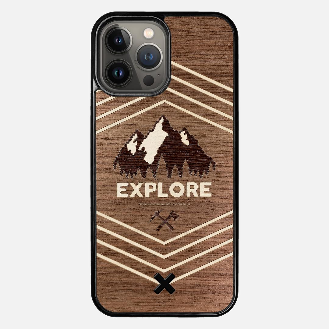Explore Case for the Apple iPhone 13 Pro Max featuring a Wenge and Maple Mountain Range inlay on a Walnut Wood backer with the Keyway X Mark#Phone Model_iPhone 13 Pro Max