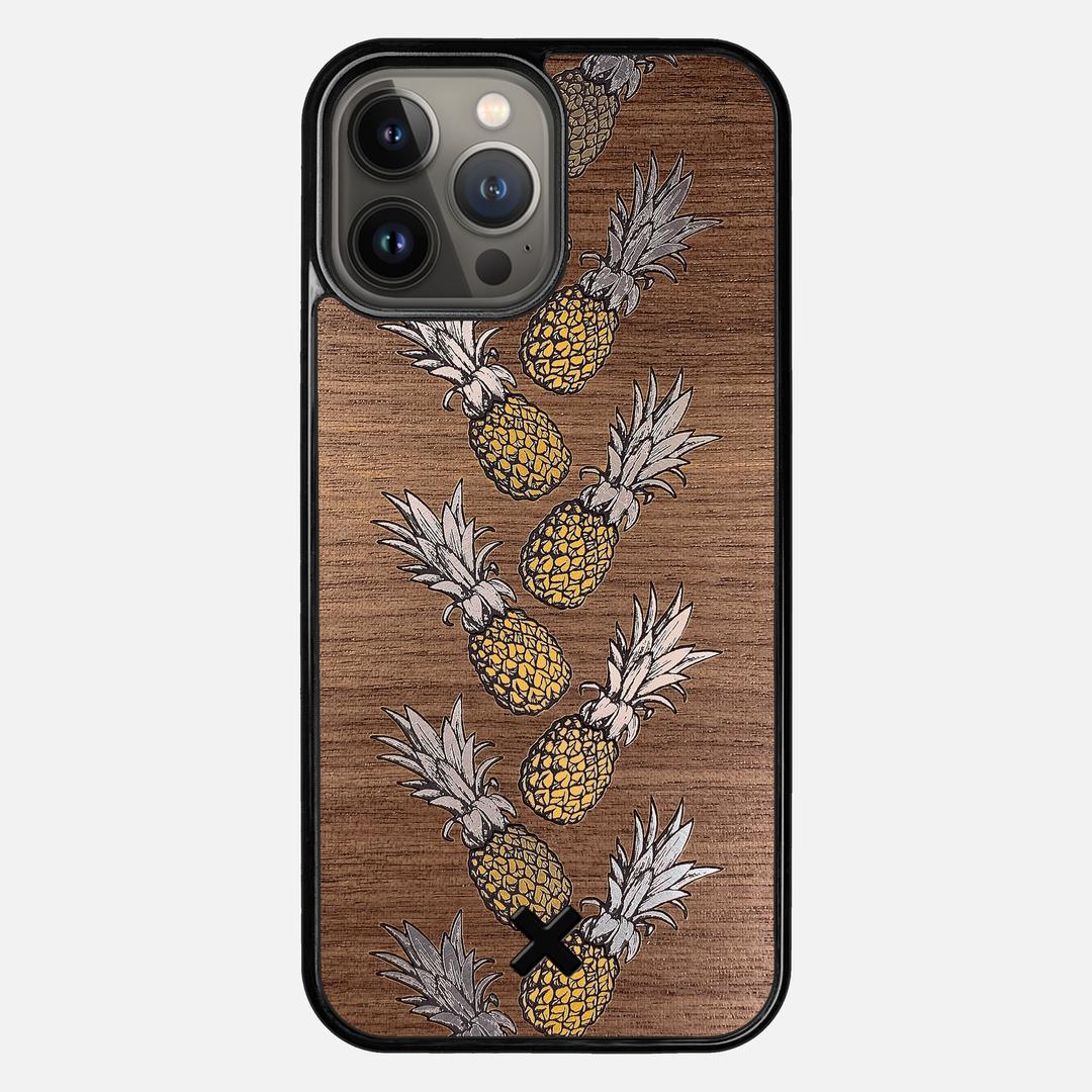 Pineapple Case for the Apple iPhone 13 Pro Max featuring a repeating gold and silver Pineapple inlay on a Walnut Wood backer with the Keyway X Mark#Phone Model_iPhone 13 Pro Max