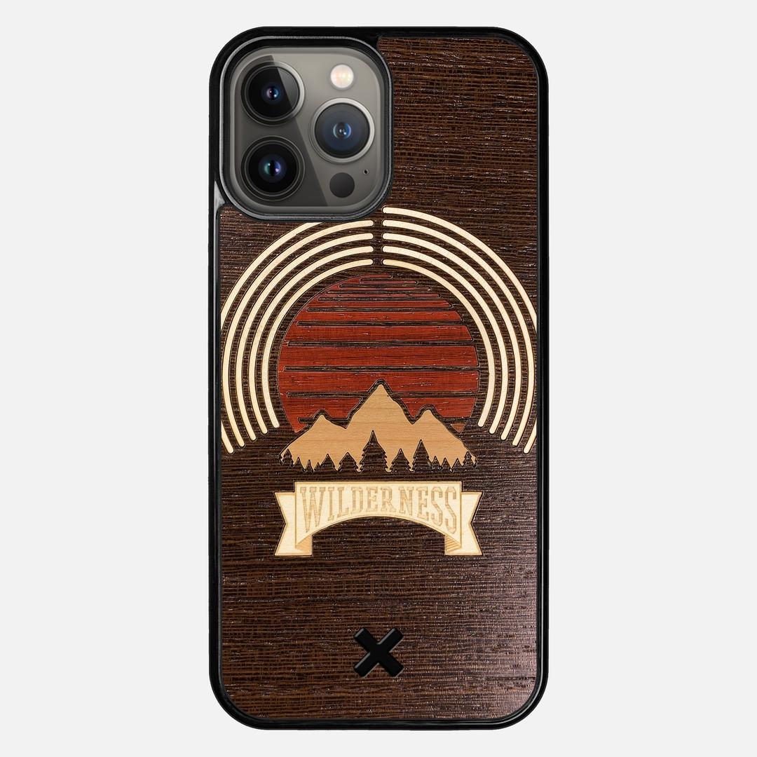 Wilderness Case for the Apple iPhone 13 Pro Max featuring a Maple, Padauk, and Cherry Sunset inlay on a Wenge Wood backer with the Keyway X Mark#Phone Model_iPhone 13 Pro Max