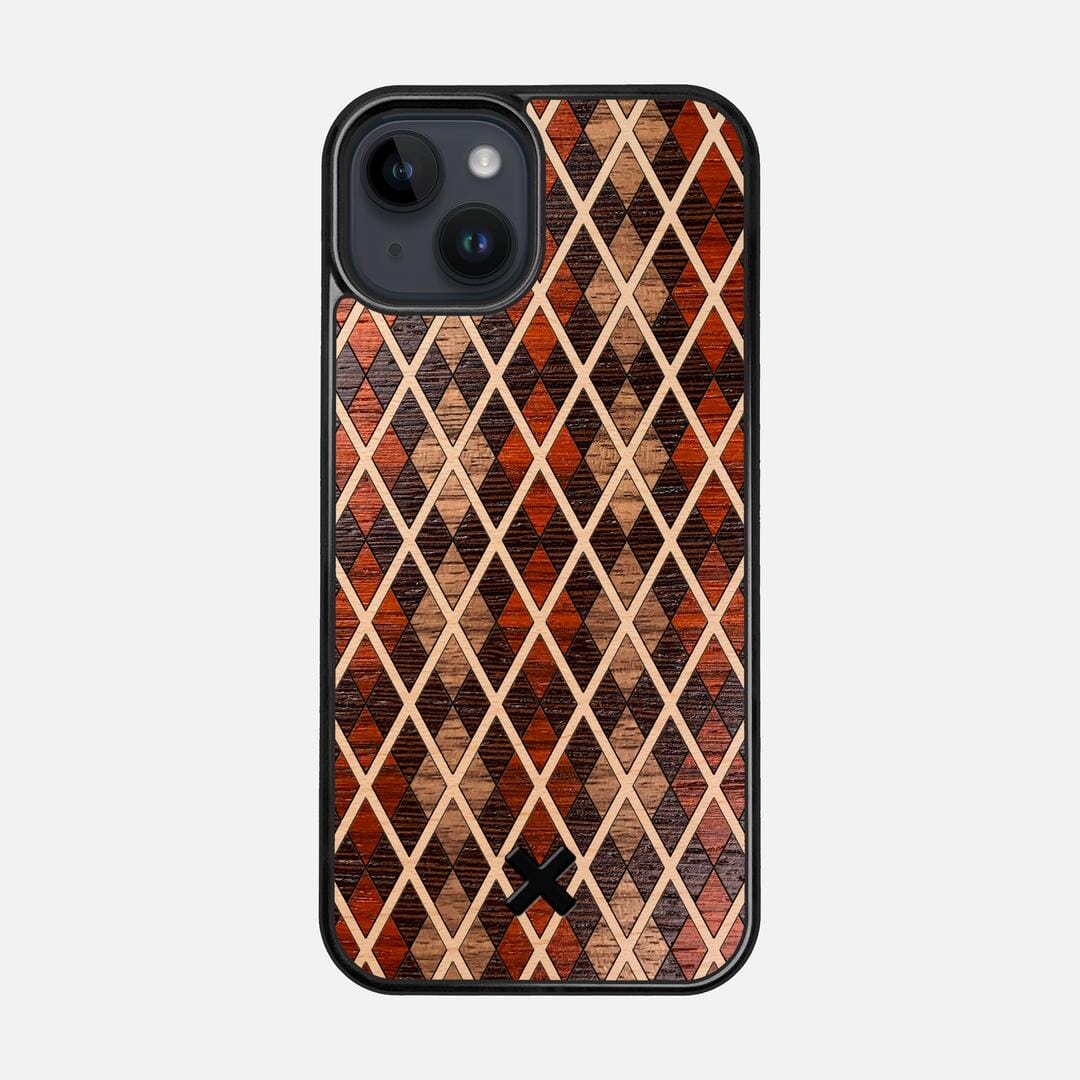 Argyle Case for the Apple iPhone 14 featuring a Walnut, Padauk, Wenge, and Maple Wood backer with the Keyway X Mark#Phone Model_iPhone 14