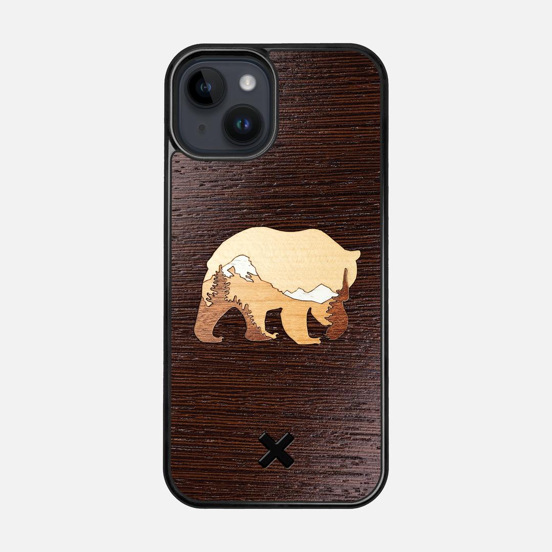Bear Mountain Case for the Apple iPhone 14 featuring a Wenge, Maple, Cherry, and Sapele Wood backer with the Keyway X Mark#Phone Model_iPhone 14