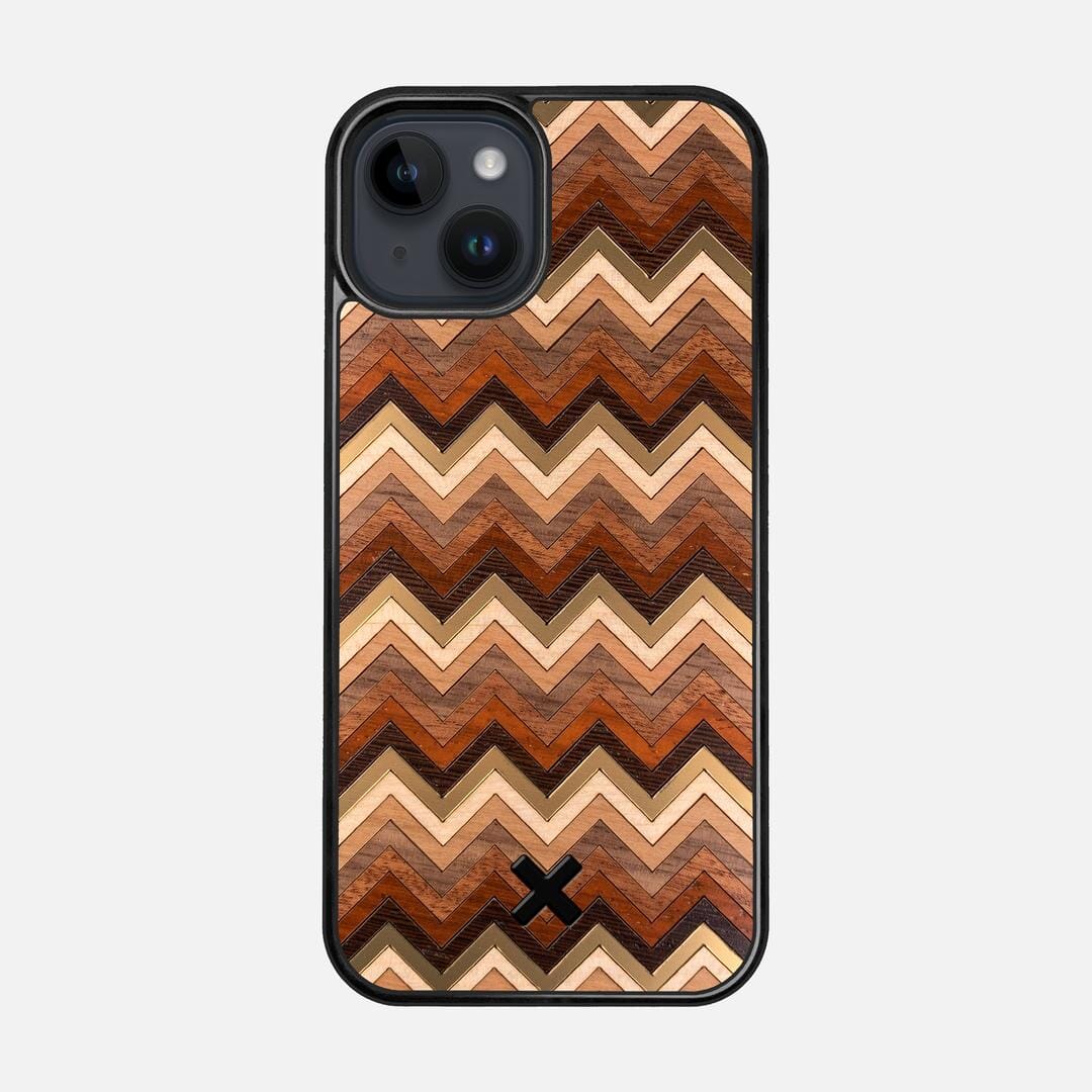 Echo Case for the Apple iPhone 14 featuring a zigzag Gold, Maple, Cherry, Walnut, Sapele, Padauk, and Wenge Wood backer with the Keyway X Mark#Phone Model_iPhone 14