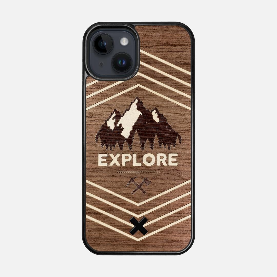 Explore Case for the Apple iPhone 14 featuring a Wenge and Maple Mountain Range inlay on a Walnut Wood backer with the Keyway X Mark#Phone Model_iPhone 14
