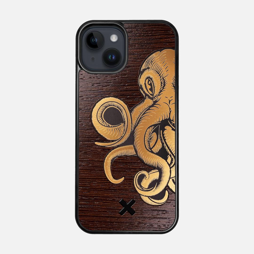 Kraken 2 Case for the Apple iPhone 14 featuring an Engraved Gold and Wenge Wood backer with the Keyway X Mark#Phone Model_iPhone 14