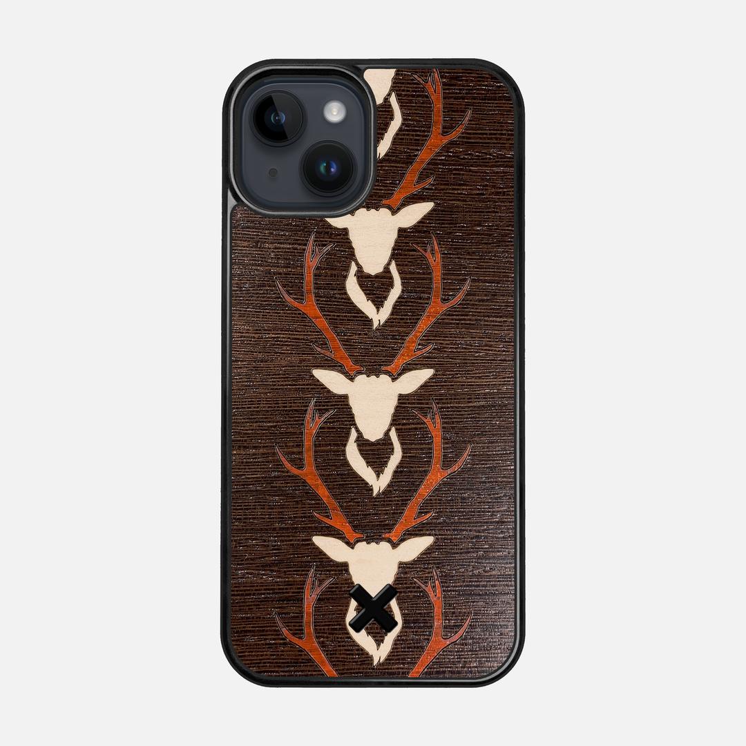 Stag Case for the Apple iPhone 14 featuring a Maple & Padauk Deer Inlay on a Wenge Wood backer with the Keyway X Mark#Phone Model_iPhone 14