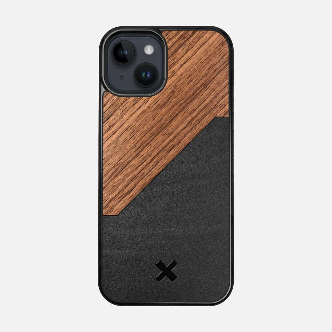 Walnut Rift Case for the Apple iPhone 14 featuring a Genuine Leather and Walnut Wood backer with the Keyway X Mark#Phone Model_iPhone 14