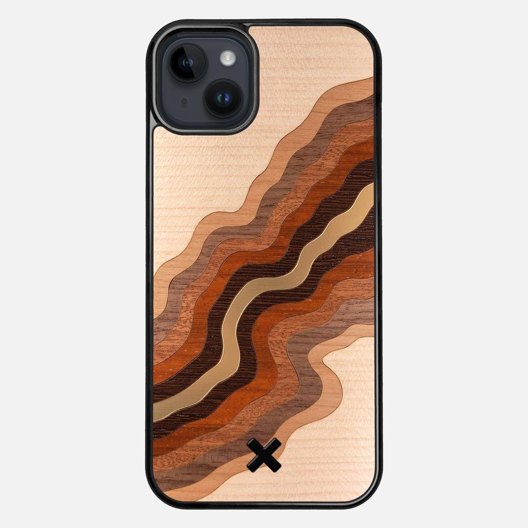 Canyon Case for the Apple iPhone 14 Plus featuring a flowing Gold, Maple, Cherry, Walnut, Sapele, Padauk, and Wenge Wood backer with the Keyway X Mark#Phone Model_iPhone 14 Plus