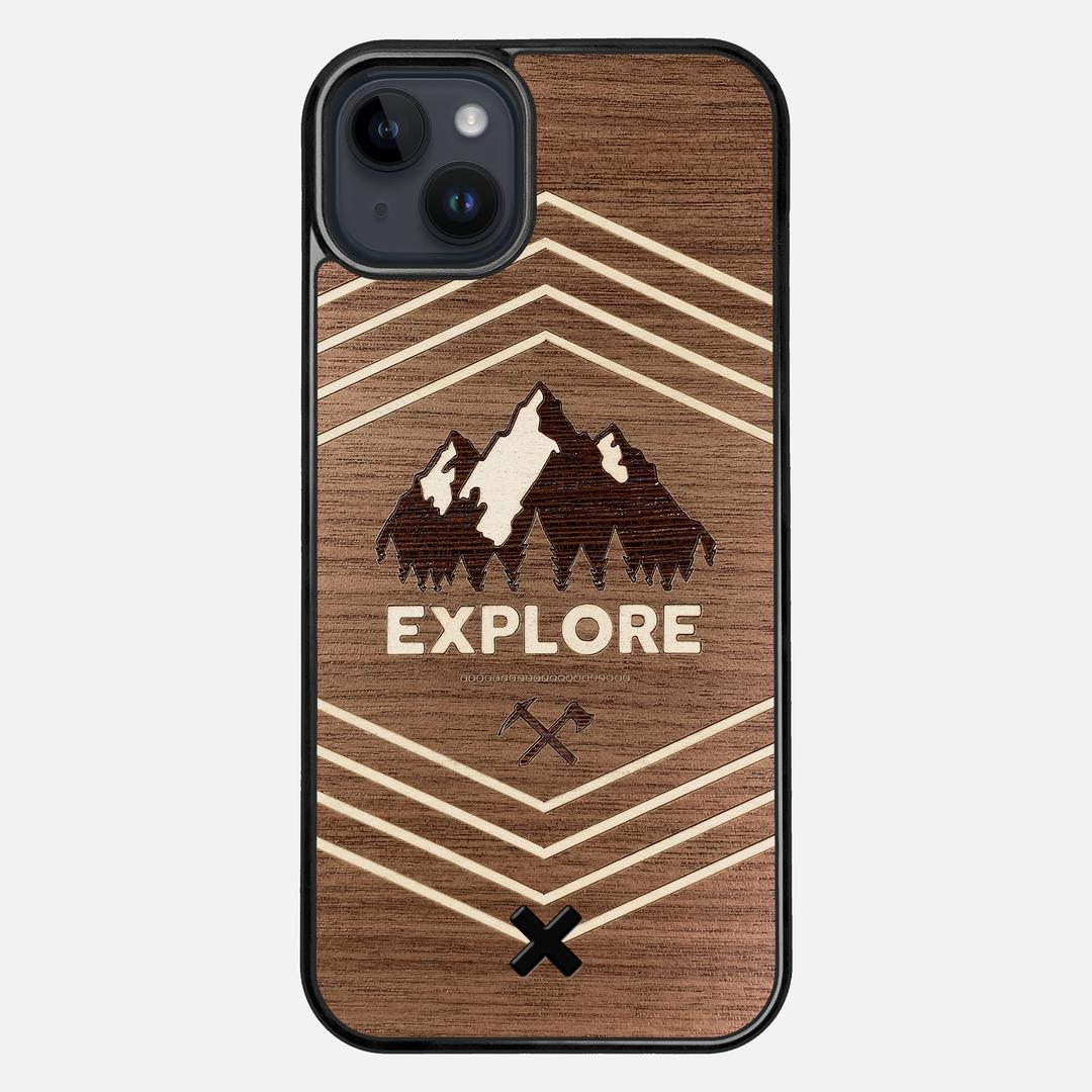 Explore Case for the Apple iPhone 14 Plus featuring a Wenge and Maple Mountain Range inlay on a Walnut Wood backer with the Keyway X Mark#Phone Model_iPhone 14 Plus