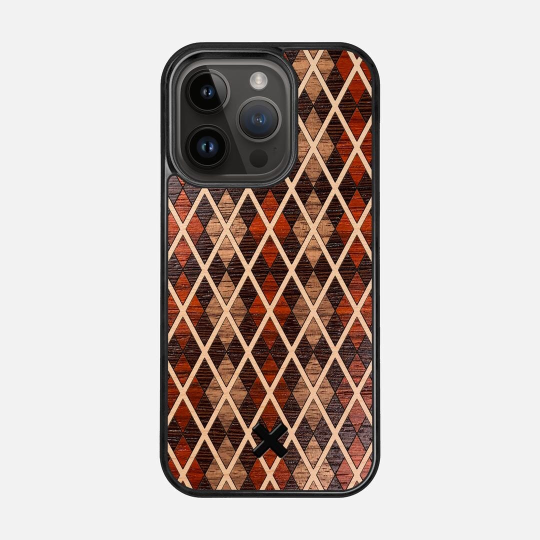 Argyle Case for the Apple iPhone 14 Pro featuring a Walnut, Padauk, Wenge, and Maple Wood backer with the Keyway X Mark#Phone Model_iPhone 14 Pro