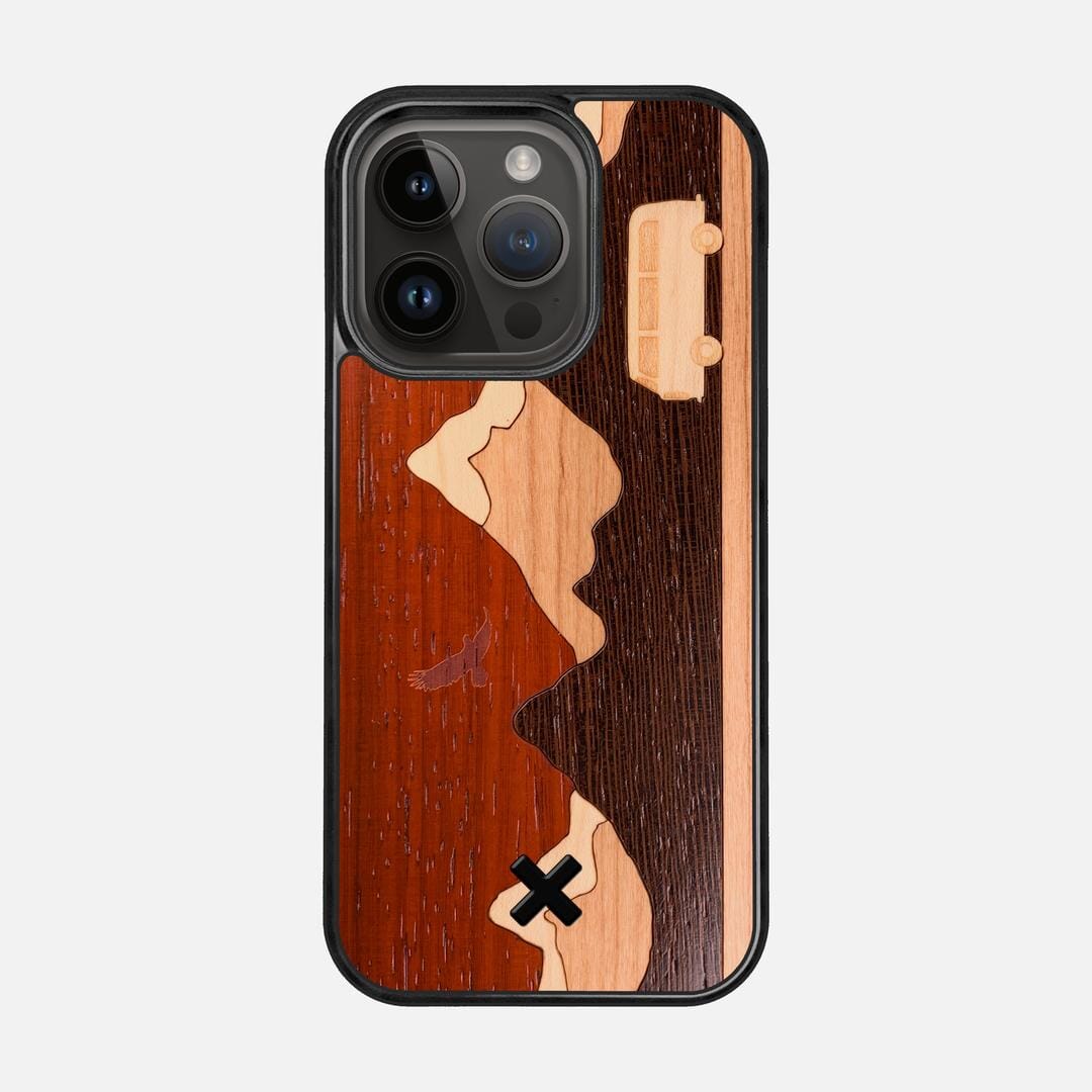 Cross Country Case for the Apple iPhone 14 Pro featuring a Padauk, Maple, Cherry, and Wenge Wood backer with the Keyway X Mark#Phone Model_iPhone 14 Pro