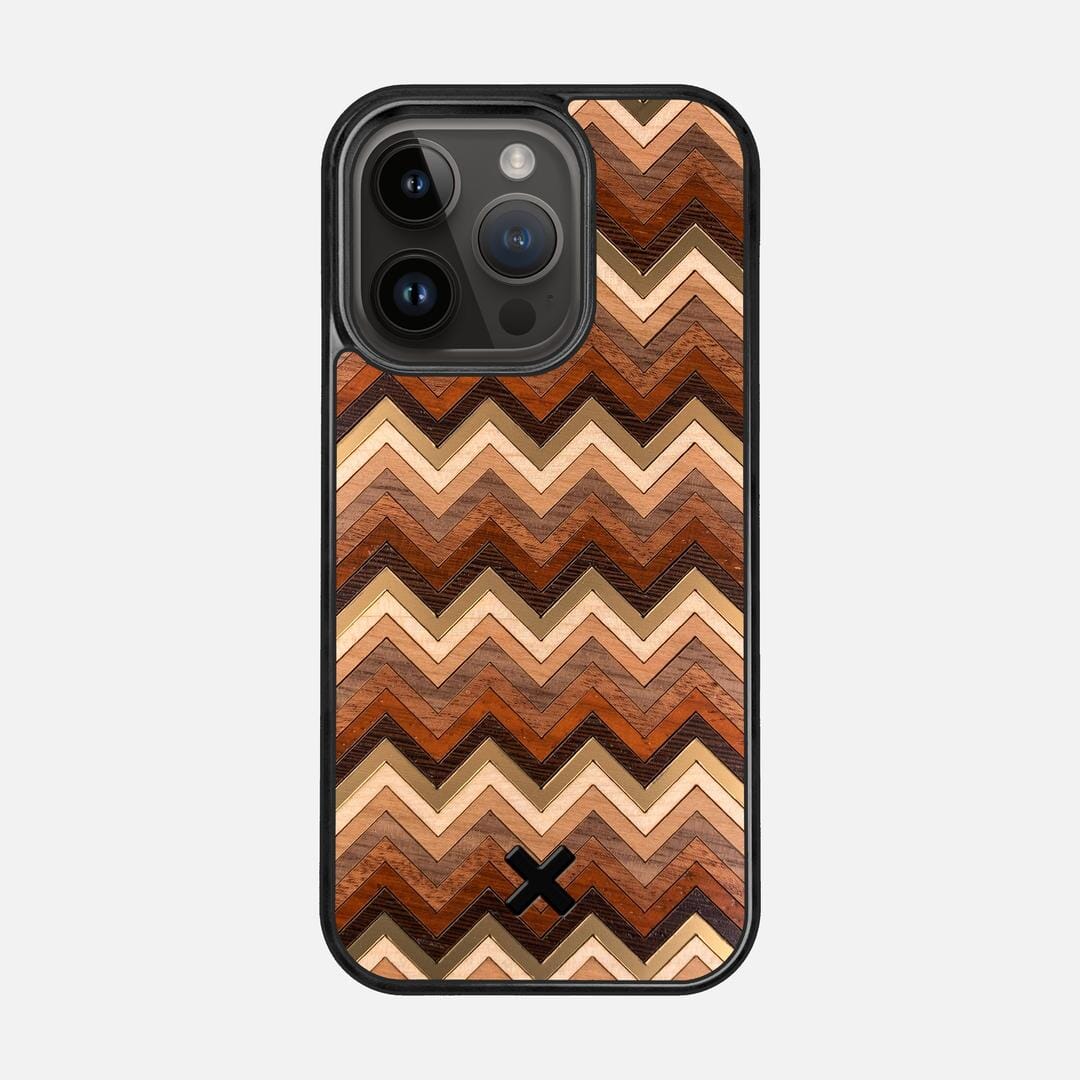 Echo Case for the Apple iPhone 14 Pro featuring a zigzag Gold, Maple, Cherry, Walnut, Sapele, Padauk, and Wenge Wood backer with the Keyway X Mark#Phone Model_iPhone 14 Pro