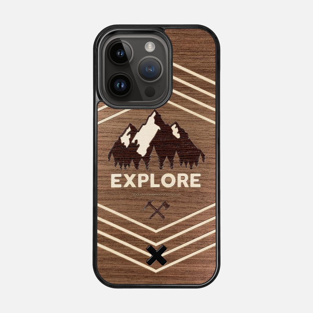 Explore Case for the Apple iPhone 14 Pro featuring a Wenge and Maple Mountain Range inlay on a Walnut Wood backer with the Keyway X Mark#Phone Model_iPhone 14 Pro