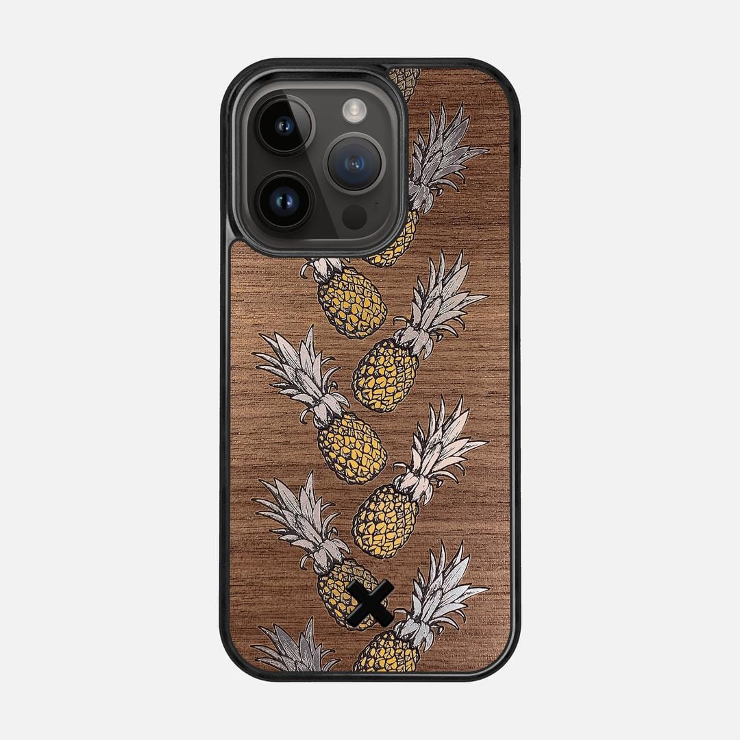 Pineapple Case for the Apple iPhone 14 Pro featuring a repeating gold and silver Pineapple inlay on a Walnut Wood backer with the Keyway X Mark#Phone Model_iPhone 14 Pro