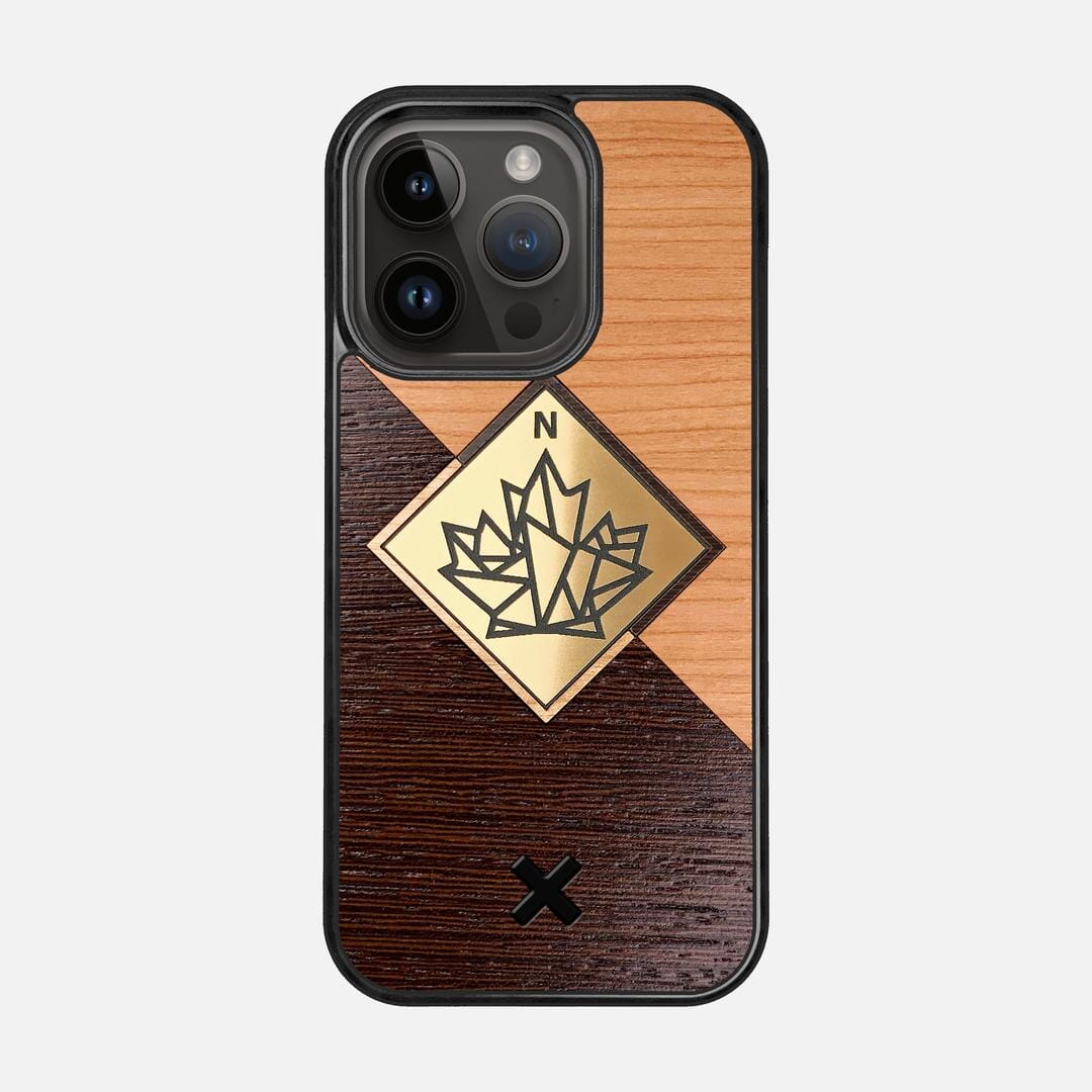 True North Case for the Apple iPhone 14 Pro featuring an Engraved Gold, Cherry, and Wenge Wood backer with the Keyway X Mark#Phone Model_iPhone 14 Pro