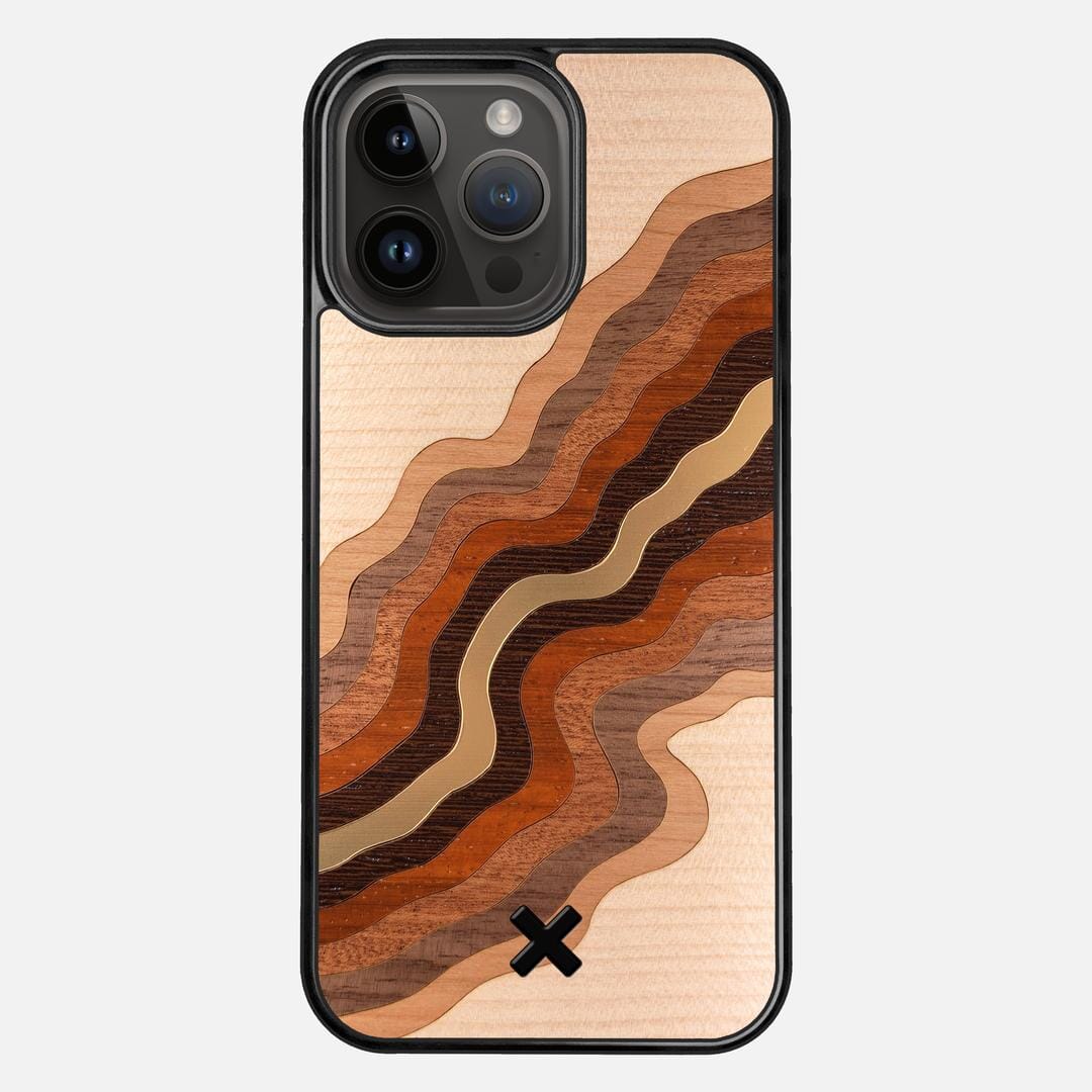 Canyon Case for the Apple iPhone 14 Pro Max featuring a flowing Gold, Maple, Cherry, Walnut, Sapele, Padauk, and Wenge Wood backer with the Keyway X Mark#Phone Model_iPhone 14 Pro Max