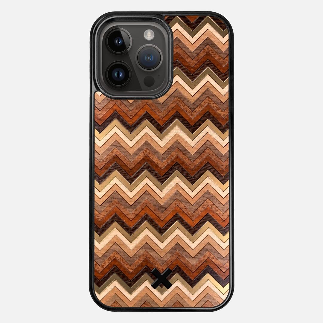Echo Case for the Apple iPhone 14 Pro Max featuring a zigzag Gold, Maple, Cherry, Walnut, Sapele, Padauk, and Wenge Wood backer with the Keyway X Mark#Phone Model_iPhone 14 Pro Max