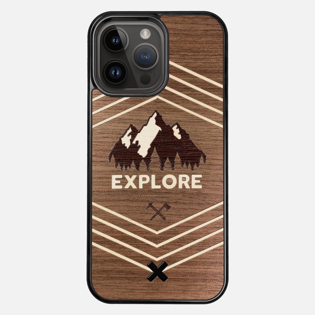Explore Case for the Apple iPhone 14 Pro Max featuring a Wenge and Maple Mountain Range inlay on a Walnut Wood backer with the Keyway X Mark#Phone Model_iPhone 14 Pro Max