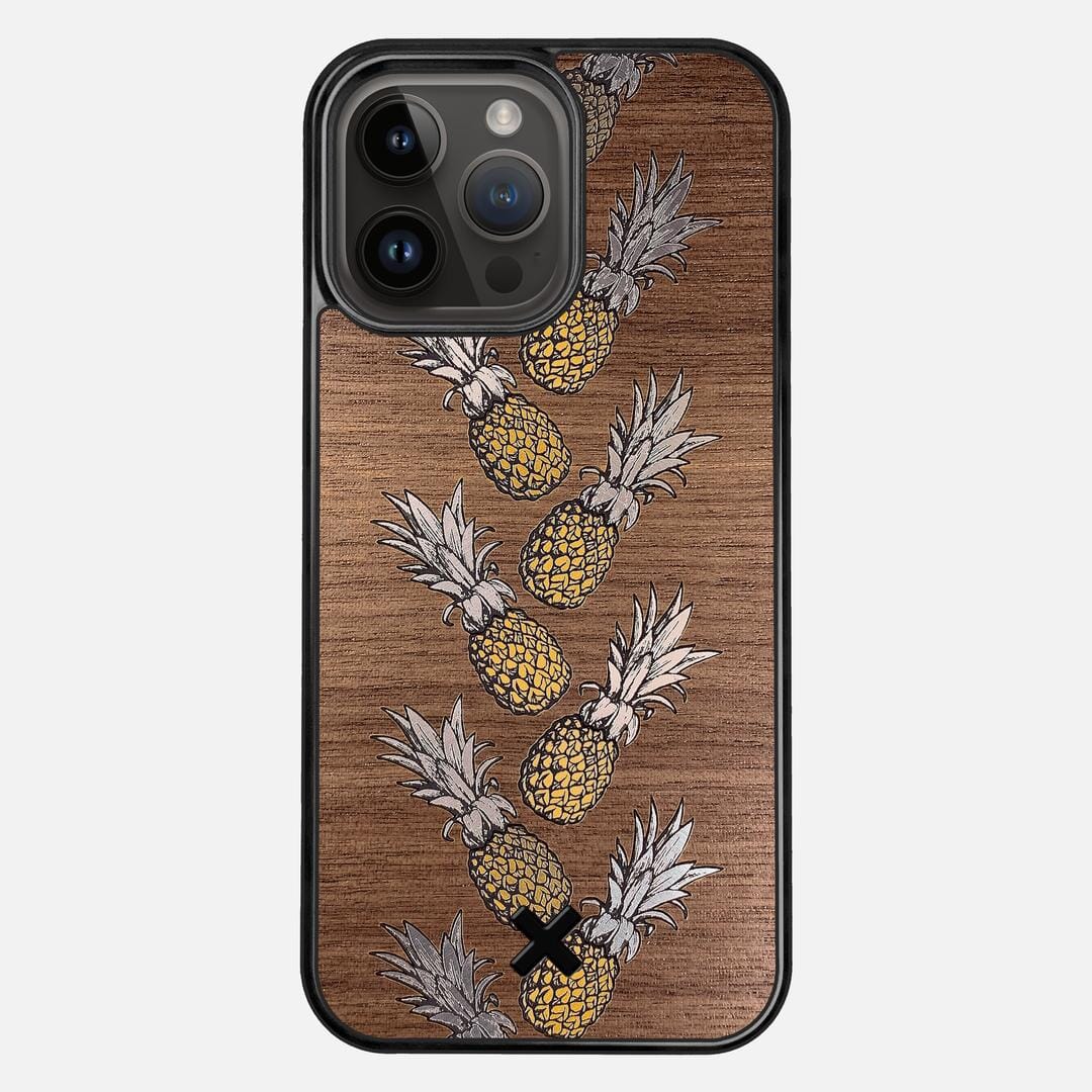Pineapple Case for the Apple iPhone 14 Pro Max featuring a repeating gold and silver Pineapple inlay on a Walnut Wood backer with the Keyway X Mark#Phone Model_iPhone 14 Pro Max