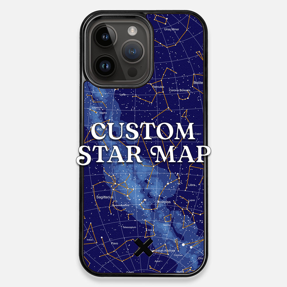 Front view of the Custom Star Map Printed Canvas iPhone 15 Pro Max Case by Keyway Designs