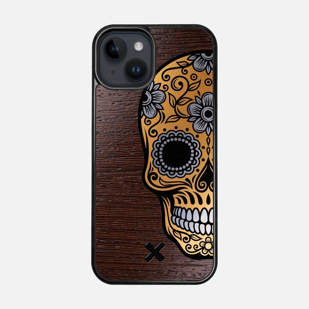 Calavera Case for the Apple iPhone 15 featuring an Engraved Gold and Wenge Wood backer with the Keyway X Mark#Phone Model_iPhone 15