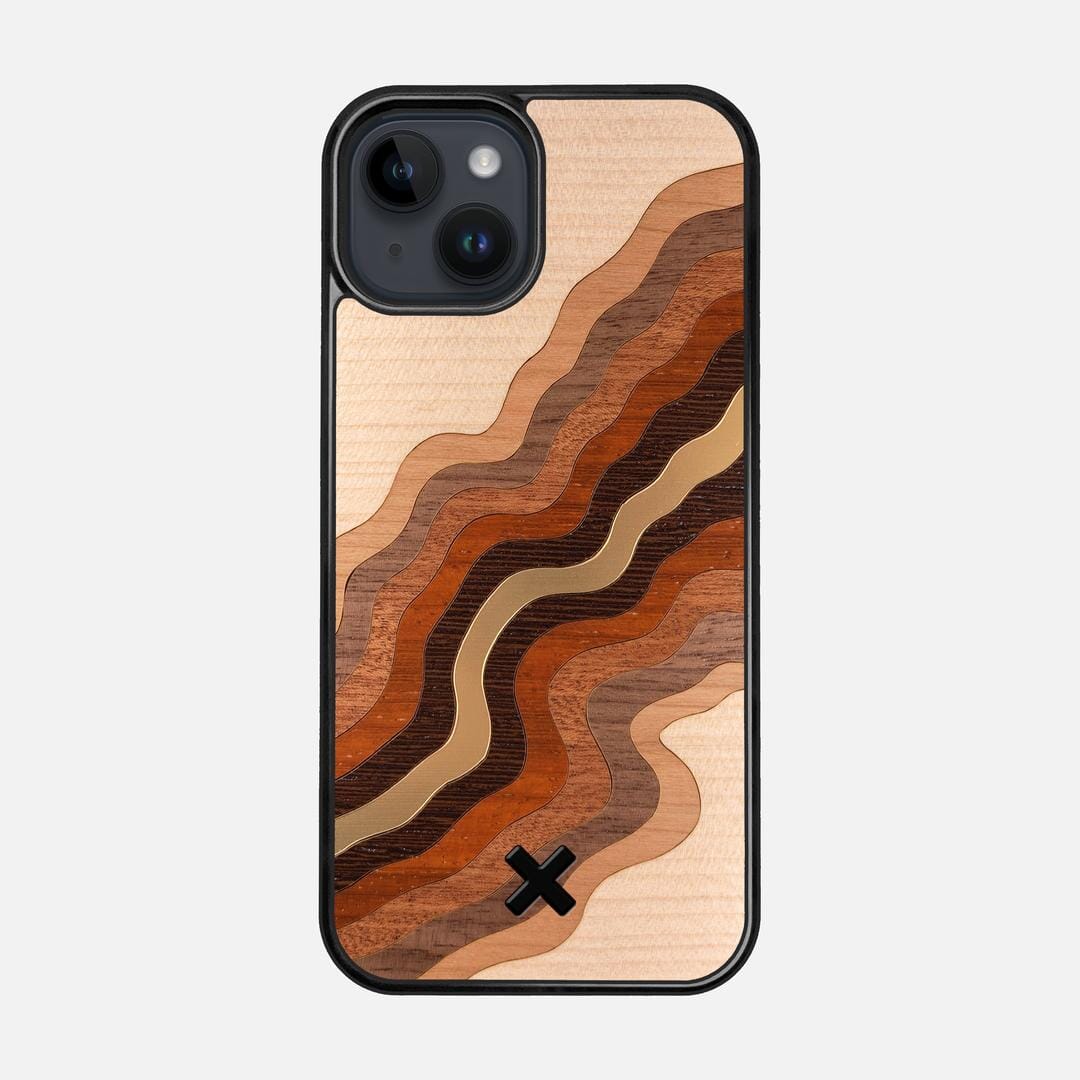 Canyon Case for the Apple iPhone 15 featuring a flowing Gold, Maple, Cherry, Walnut, Sapele, Padauk, and Wenge Wood backer with the Keyway X Mark#Phone Model_iPhone 15