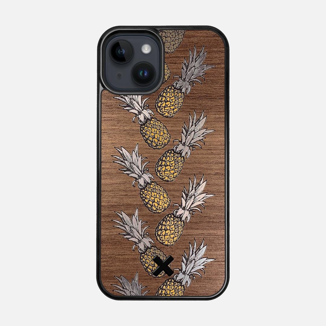 Pineapple Case for the Apple iPhone 15 featuring a repeating gold and silver Pineapple inlay on a Walnut Wood backer with the Keyway X Mark#Phone Model_iPhone 15
