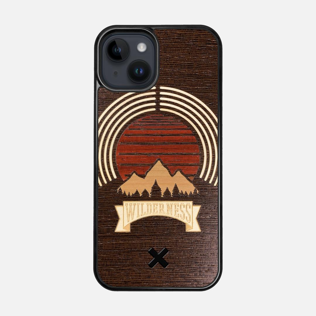 Wilderness Case for the Apple iPhone 15 featuring a Maple, Padauk, and Cherry Sunset inlay on a Wenge Wood backer with the Keyway X Mark#Phone Model_iPhone 15