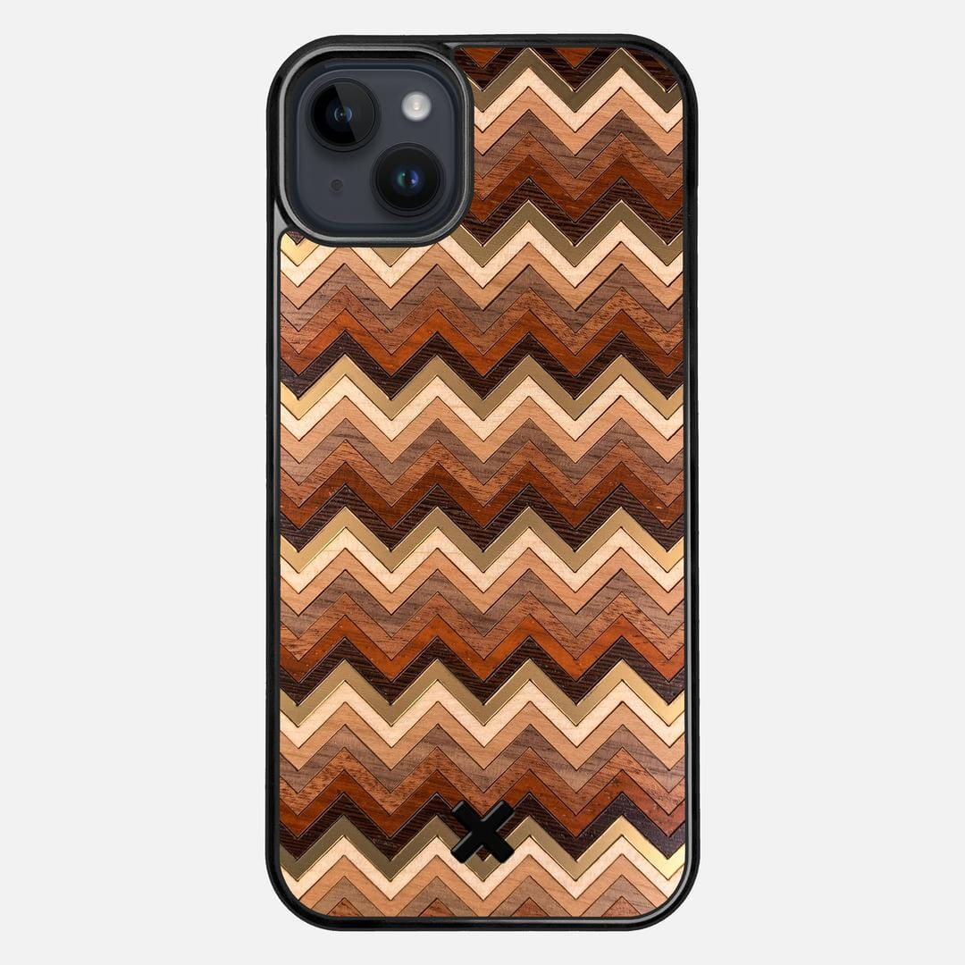 Echo Case for the Apple iPhone 15 Plus featuring a zigzag Gold, Maple, Cherry, Walnut, Sapele, Padauk, and Wenge Wood backer with the Keyway X Mark#Phone Model_iPhone 15 Plus