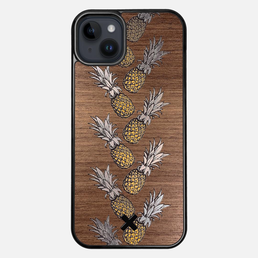 Pineapple Case for the Apple iPhone 15 Plus featuring a repeating gold and silver Pineapple inlay on a Walnut Wood backer with the Keyway X Mark#Phone Model_iPhone 15 Plus