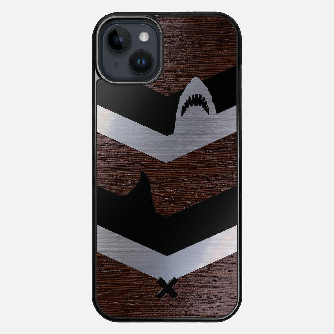 Shark Chevron Case for the Apple iPhone 15 Plus featuring an Engraved Silver and Wenge Wood backer with the Keyway X Mark#Phone Model_iPhone 15 Plus