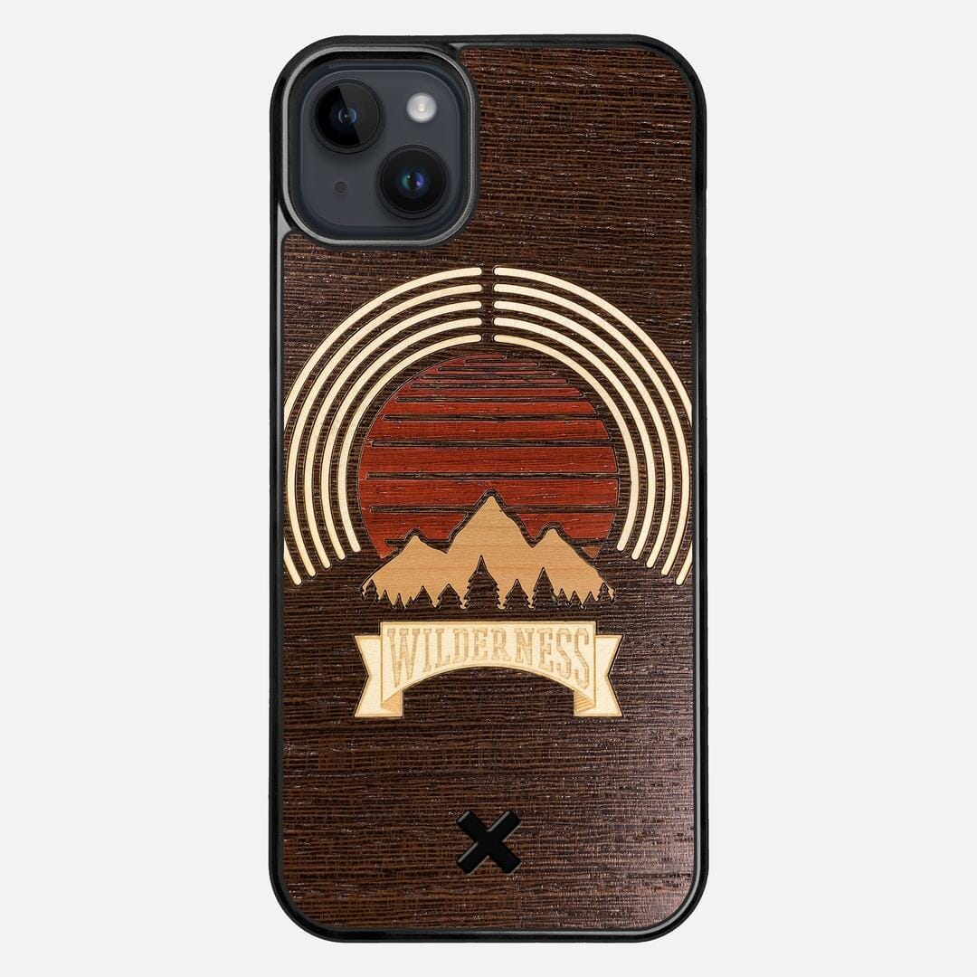 Wilderness Case for the Apple iPhone 15 Plus featuring a Maple, Padauk, and Cherry Sunset inlay on a Wenge Wood backer with the Keyway X Mark#Phone Model_iPhone 15 Plus