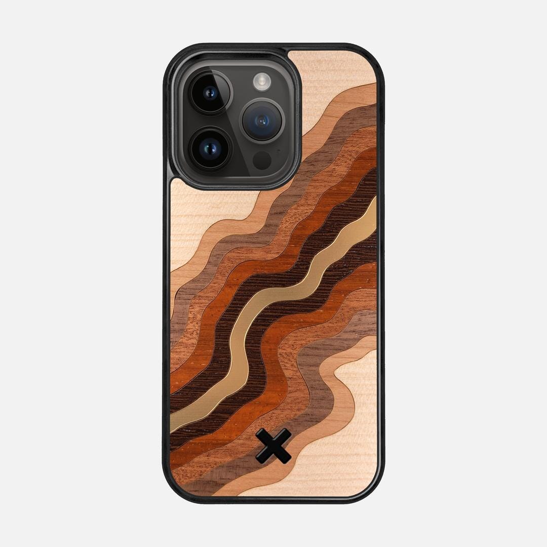 Canyon Case for the Apple iPhone 15 Pro featuring a flowing Gold, Maple, Cherry, Walnut, Sapele, Padauk, and Wenge Wood backer with the Keyway X Mark#Phone Model_iPhone 15 Pro