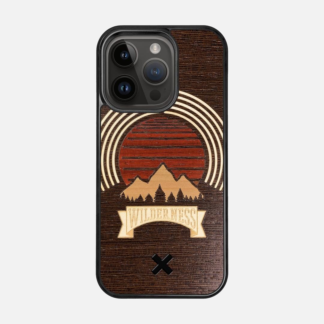 Wilderness Case for the Apple iPhone 15 Pro featuring a Maple, Padauk, and Cherry Sunset inlay on a Wenge Wood backer with the Keyway X Mark#Phone Model_iPhone 15 Pro