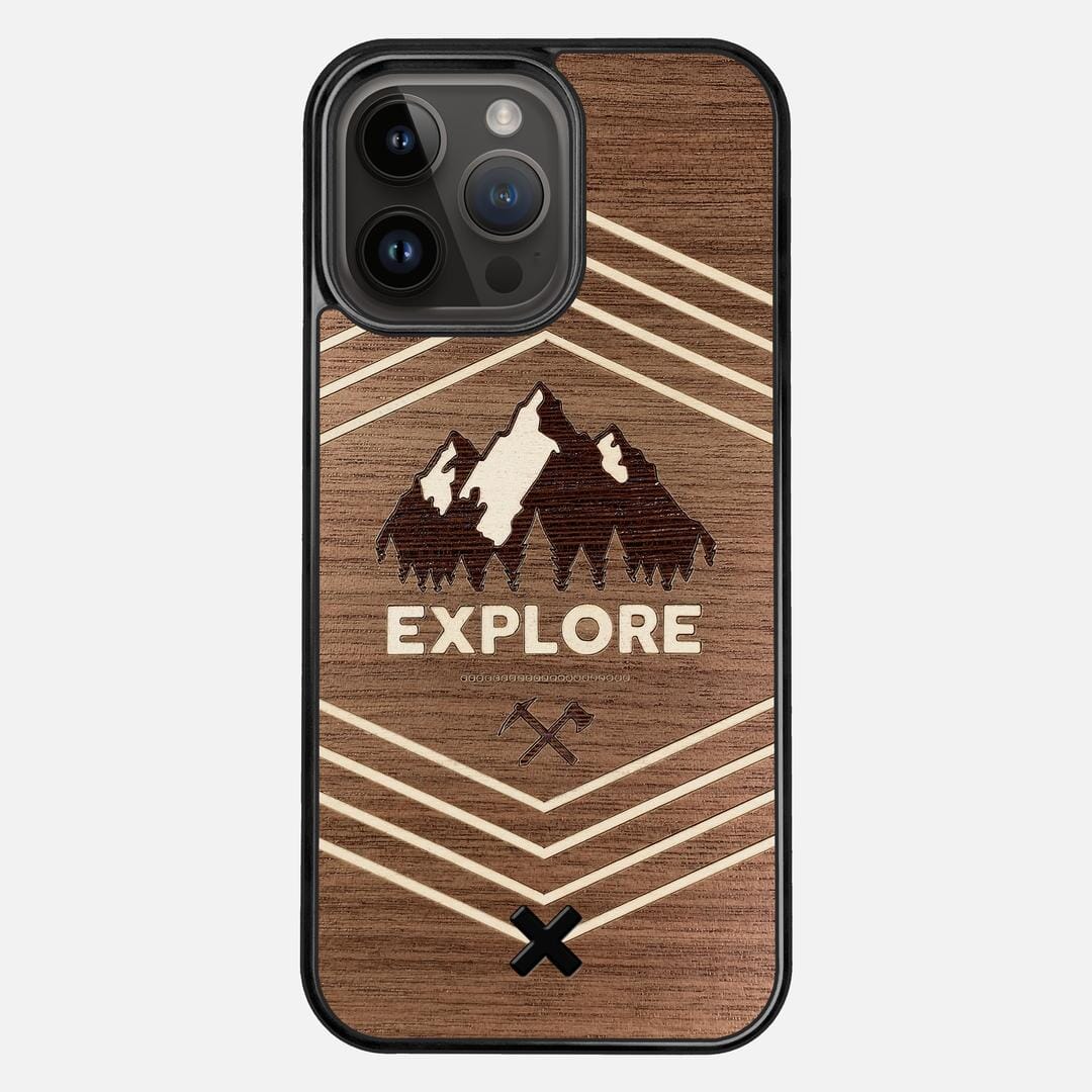 Explore Case for the Apple iPhone 15 Pro Max featuring a Wenge and Maple Mountain Range inlay on a Walnut Wood backer with the Keyway X Mark#Phone Model_iPhone 15 Pro Max