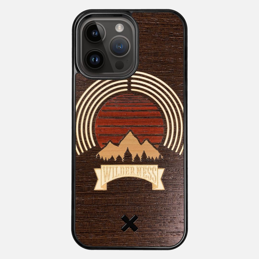 Wilderness Case for the Apple iPhone 15 Pro Max featuring a Maple, Padauk, and Cherry Sunset inlay on a Wenge Wood backer with the Keyway X Mark#Phone Model_iPhone 15 Pro Max