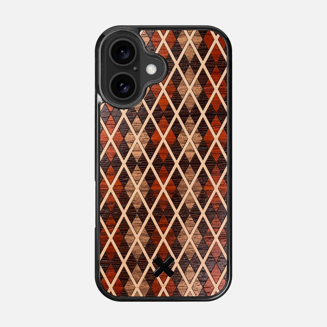 Argyle Case for the Apple iPhone 16 featuring a Walnut, Padauk, Wenge, and Maple Wood backer with the Keyway X Mark#Phone Model_iPhone 16