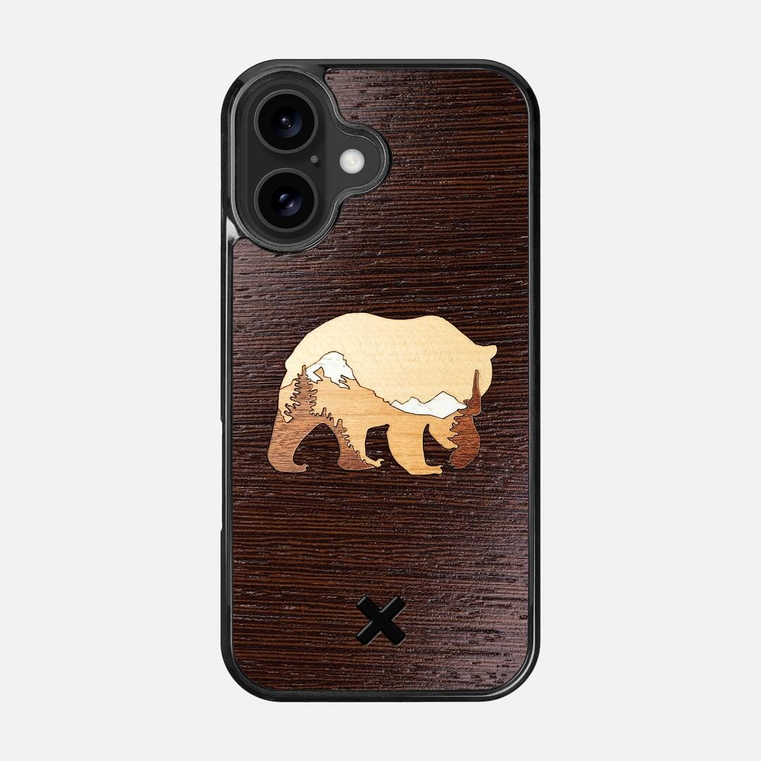 Bear Mountain Case for the Apple iPhone 16 featuring a Wenge, Maple, Cherry, and Sapele Wood backer with the Keyway X Mark#Phone Model_iPhone 16