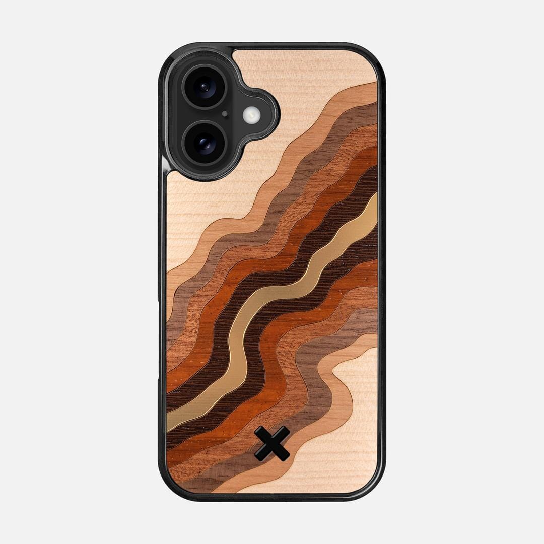 Canyon Case for the Apple iPhone 16 featuring a flowing Gold, Maple, Cherry, Walnut, Sapele, Padauk, and Wenge Wood backer with the Keyway X Mark#Phone Model_iPhone 16