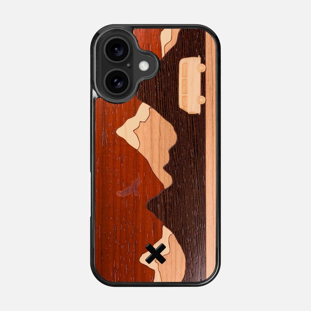 Cross Country Case for the Apple iPhone 16 featuring a Padauk, Maple, Cherry, and Wenge Wood backer with the Keyway X Mark#Phone Model_iPhone 16